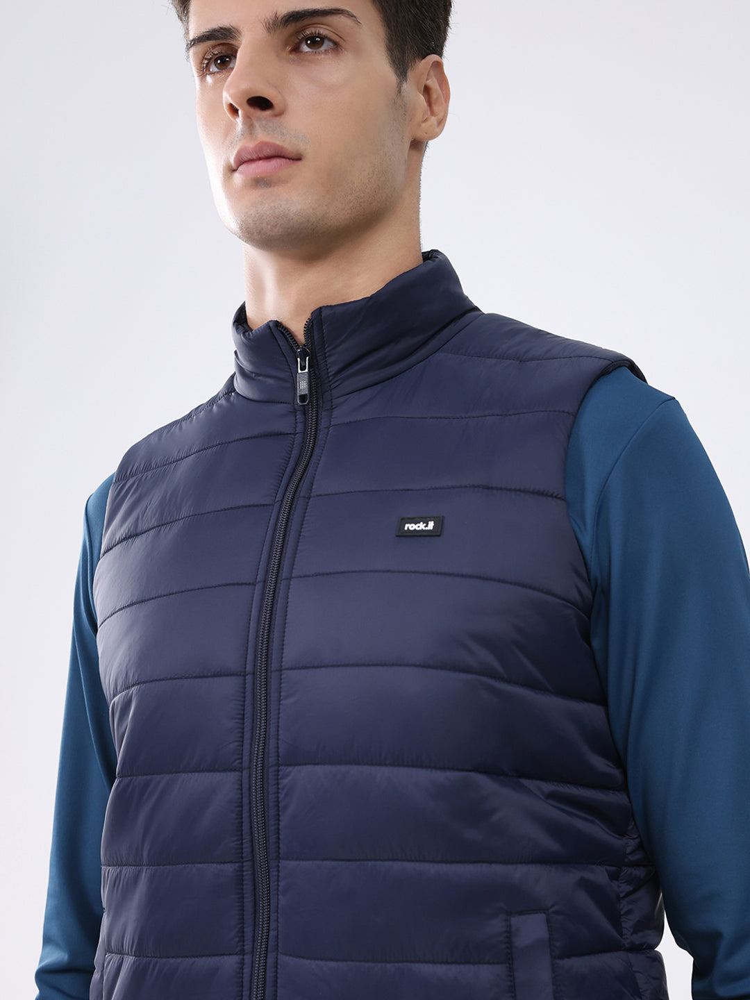 Rock.it Men Navy Blue Solid Collar Sleeveless Jacket