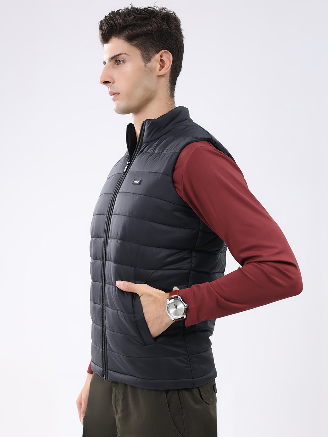 Rock.it Men Black Solid Collar Sleeveless Jacket