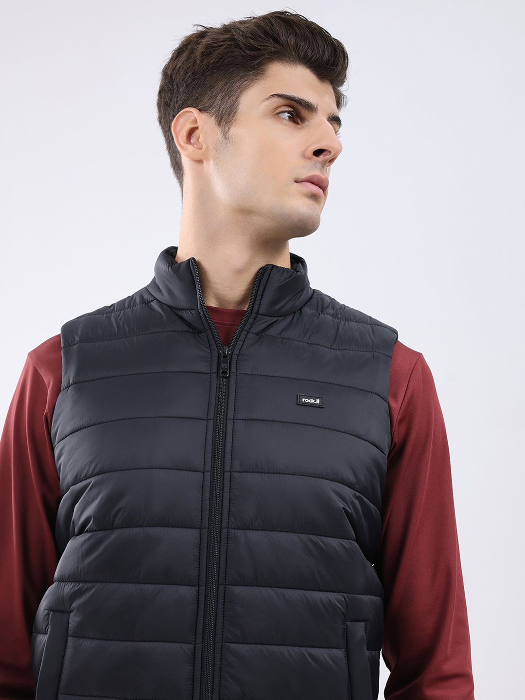 Rock.it Men Black Solid Collar Sleeveless Jacket