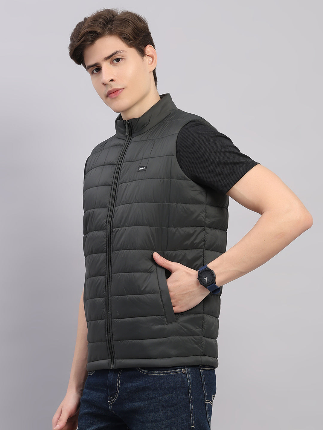 Rock.it Men Olive Solid Stand Collar Sleeveless Jacket