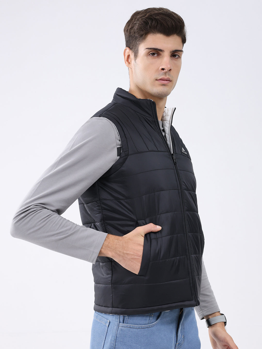 Rock.it Men Black & White Solid Mock Neck Sleeveless Jacket