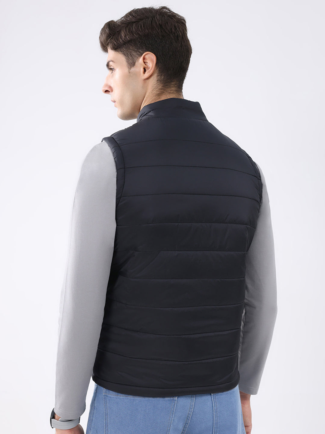 Rock.it Men Black & White Solid Mock Neck Sleeveless Jacket