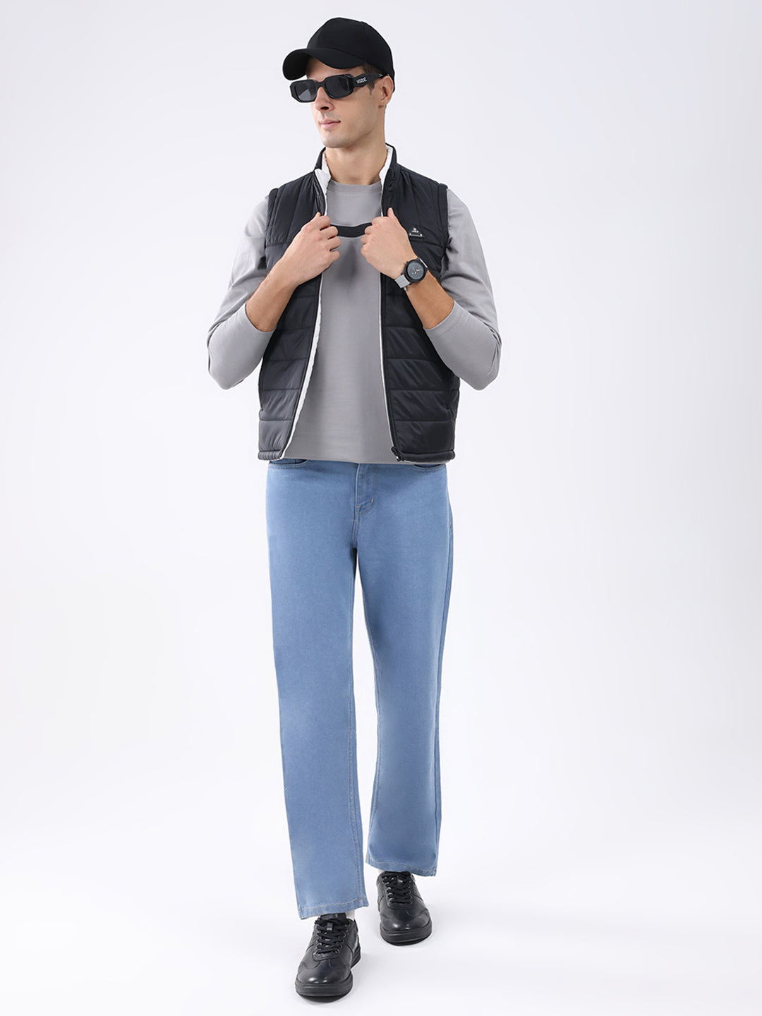 Rock.it Men Black & White Solid Mock Neck Sleeveless Jacket