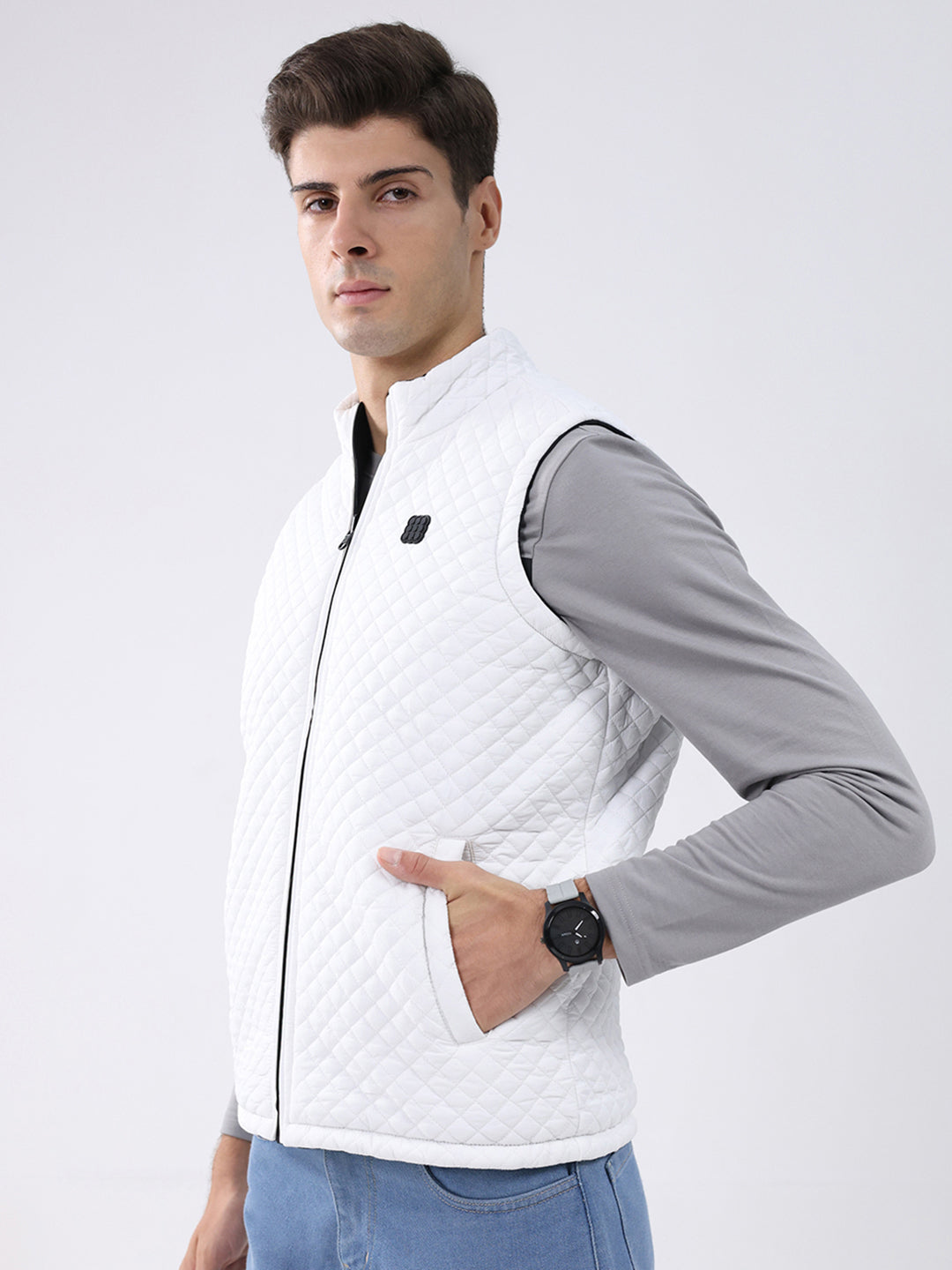 Rock.it Men Black & White Solid Mock Neck Sleeveless Jacket