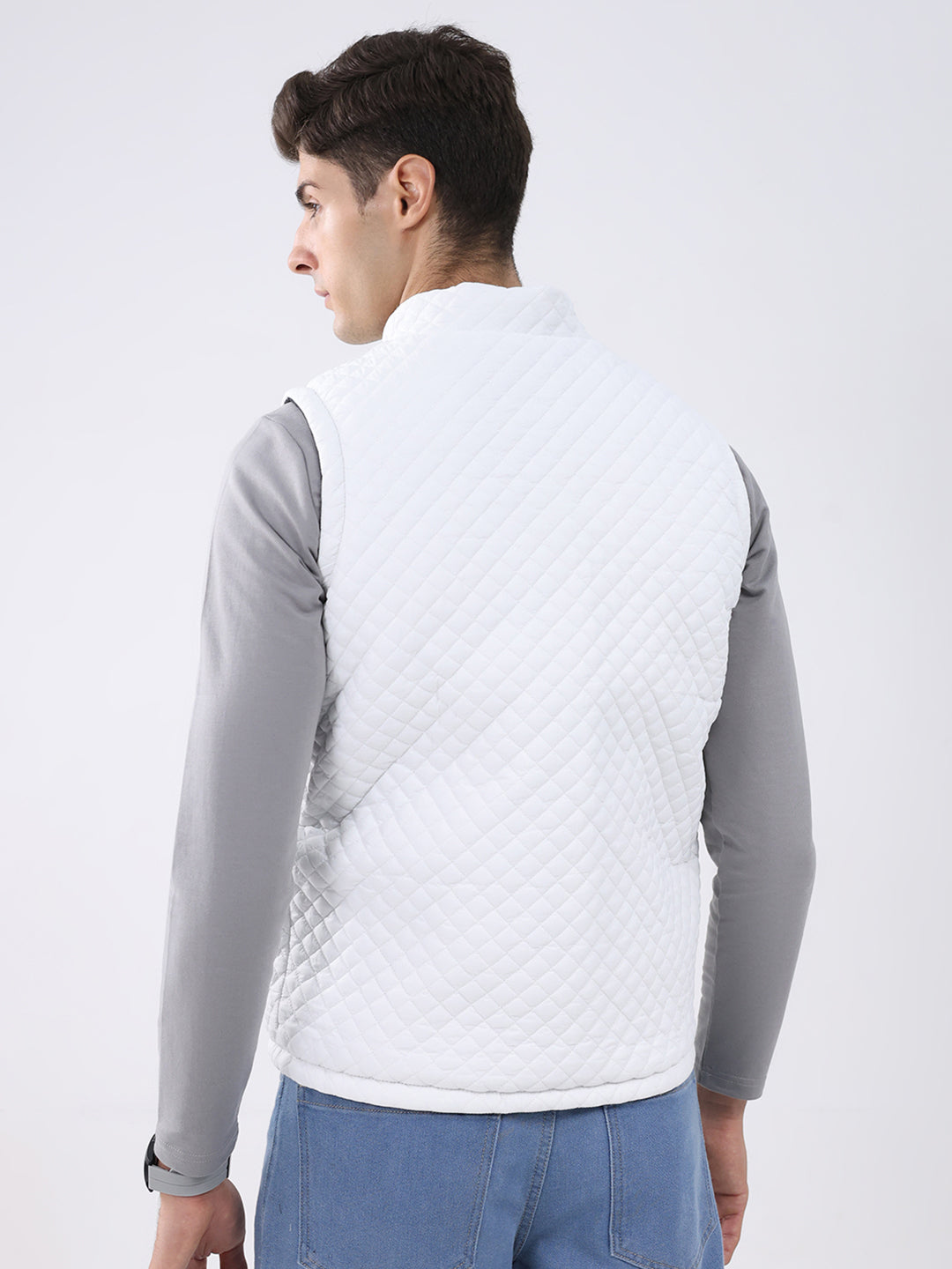 Rock.it Men Black & White Solid Mock Neck Sleeveless Jacket