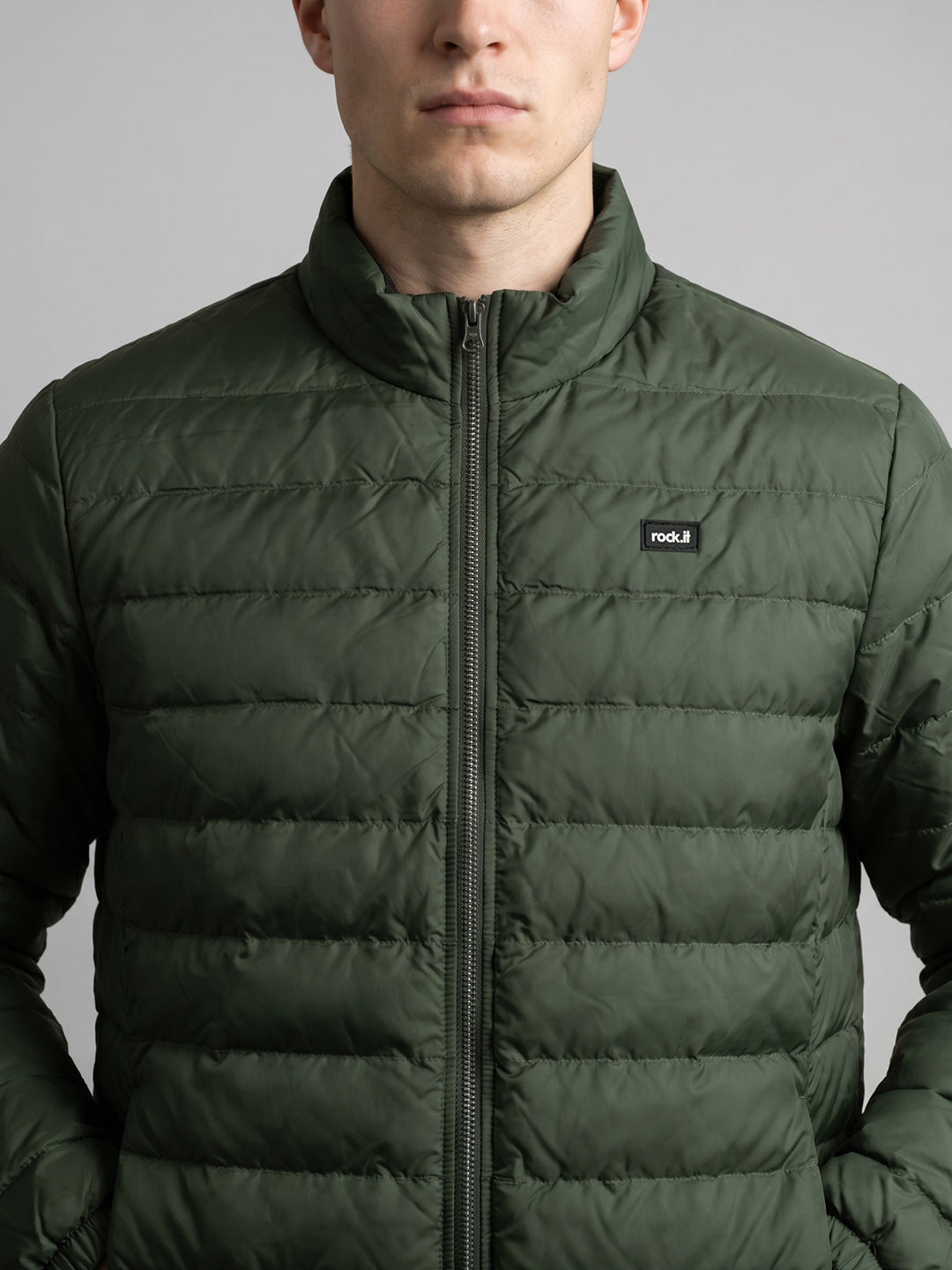 Rock.it Men Light Green Solid Collar Full Sleeve Puffer Jacket
