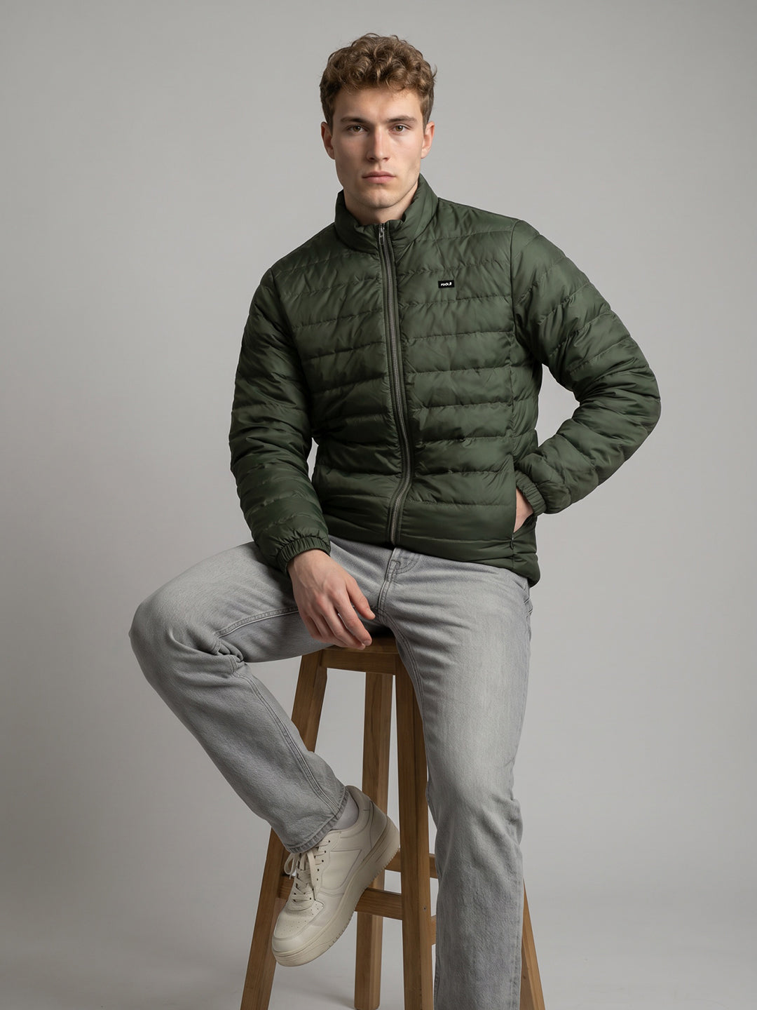 Rock.it Men Light Green Solid Collar Full Sleeve Puffer Jacket
