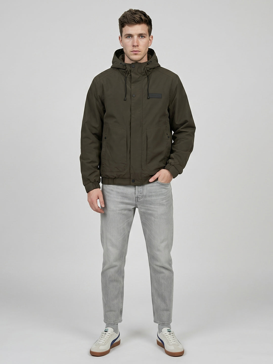 Rock.it Men Olive Solid Hooded Full Sleeve Parka Jacket