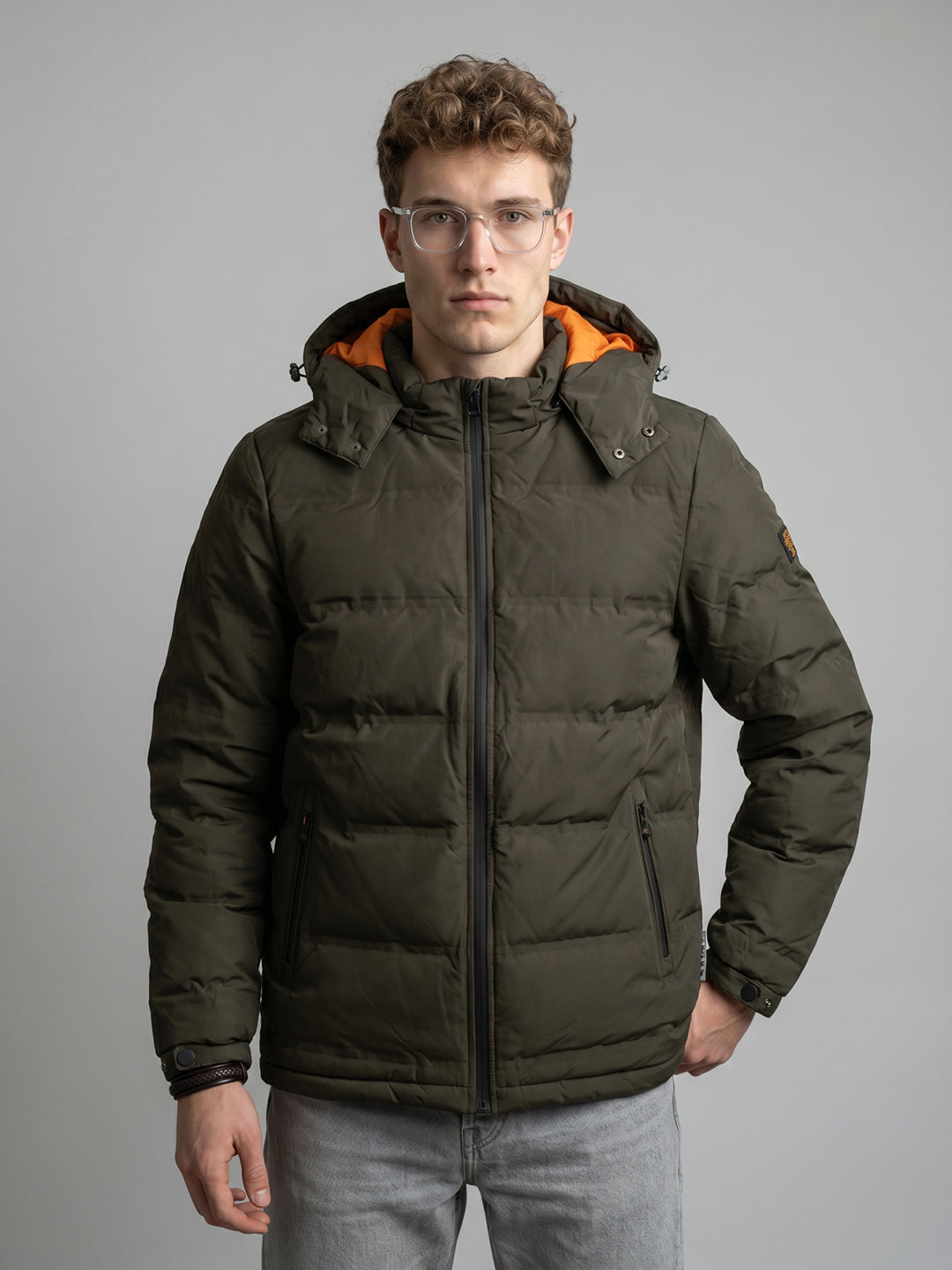 Rock.it Men Olive Self Design Heating Puffer Jacket with Detachable Hood