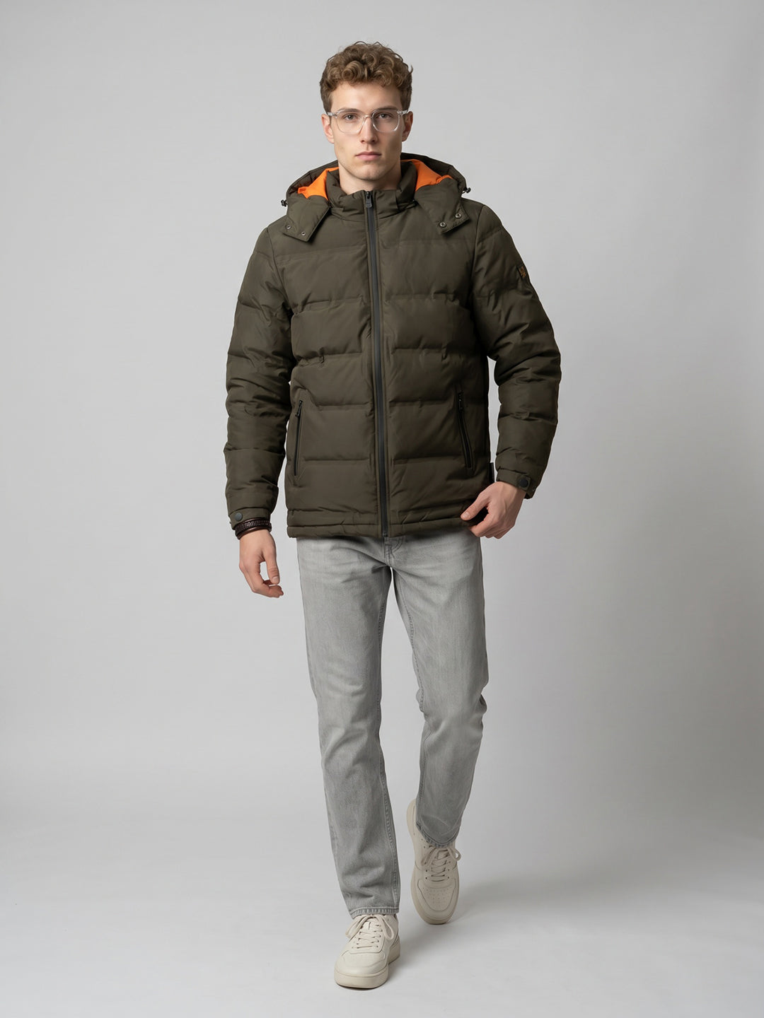 Rock.it Men Olive Self Design Heating Puffer Jacket with Detachable Hood