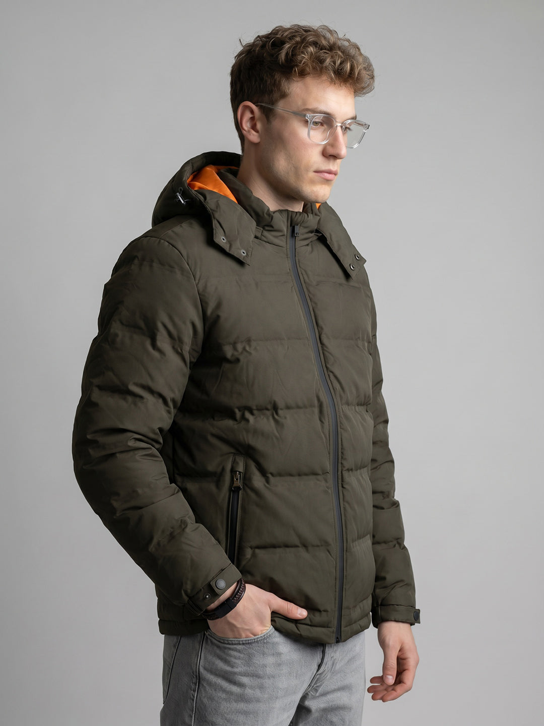 Rock.it Men Olive Self Design Heating Puffer Jacket with Detachable Hood