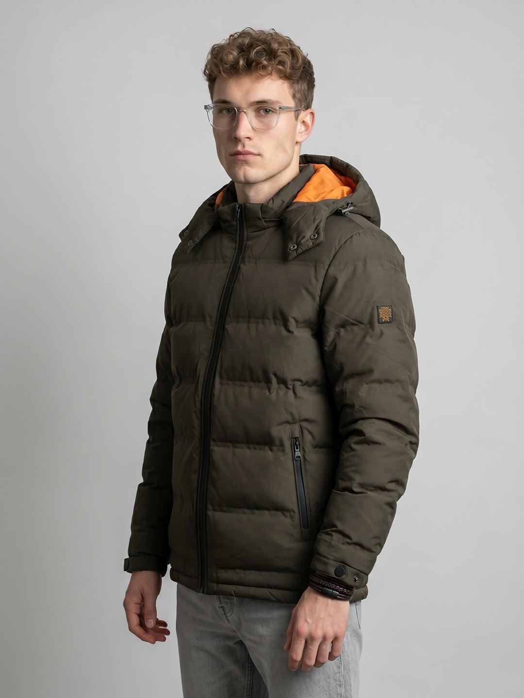 Rock.it Men Olive Self Design Heating Puffer Jacket with Detachable Hood