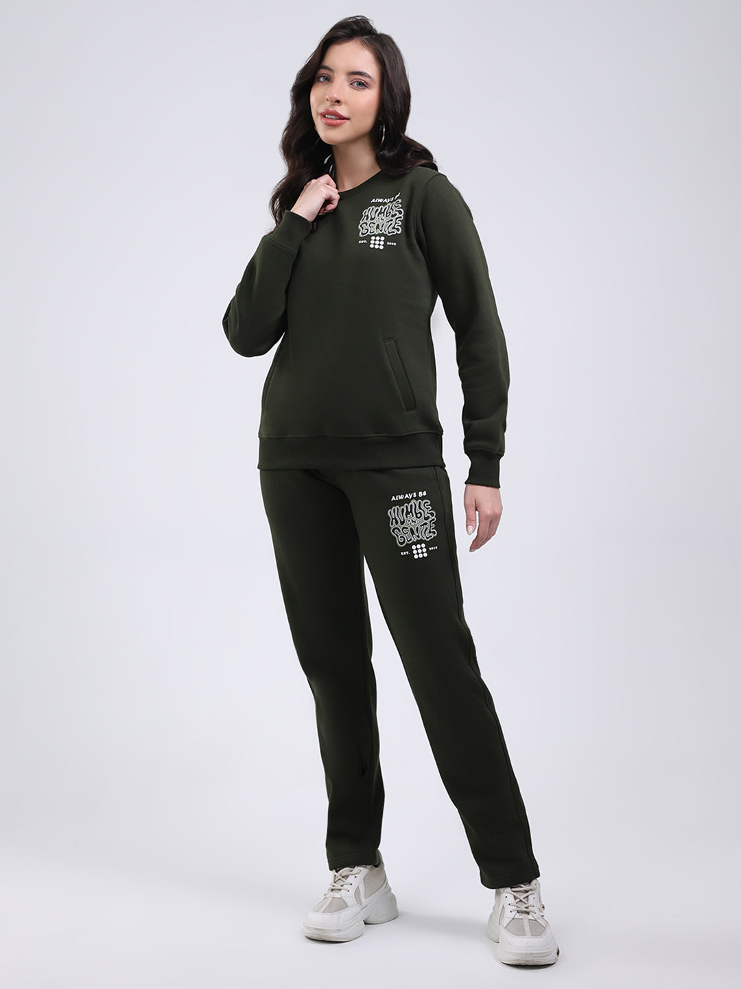 Rock.it Women Dark Green Printed Round Neck Full Sleeve Winter Tracksuit