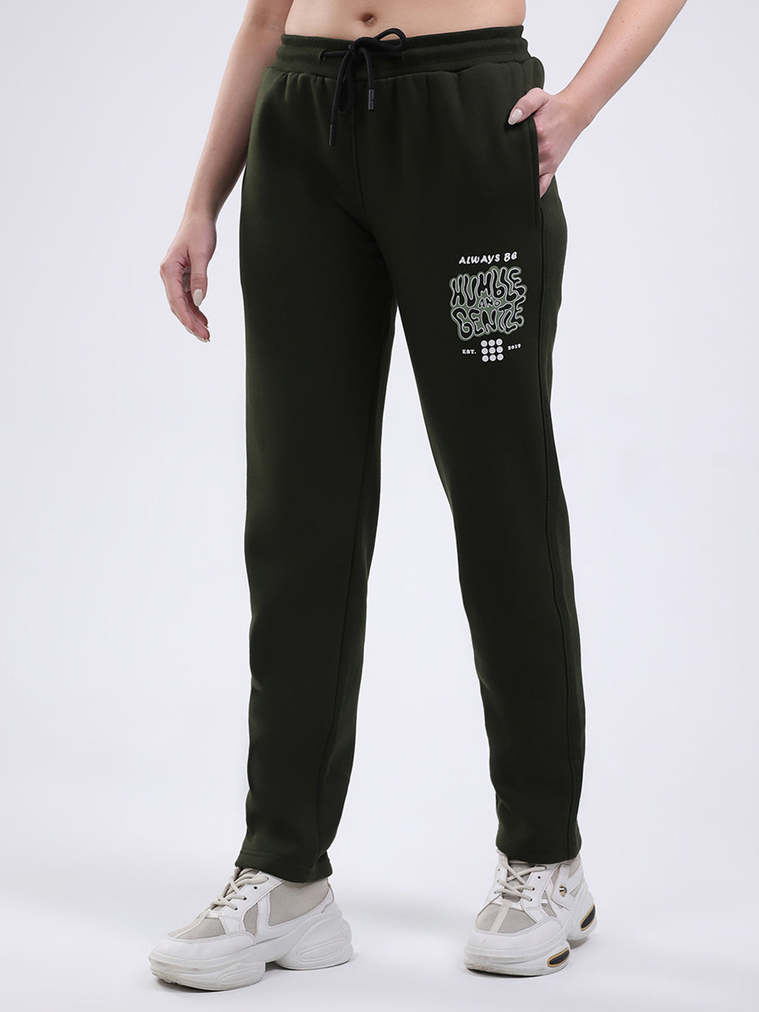 Rock.it Women Dark Green Printed Round Neck Full Sleeve Winter Tracksuit