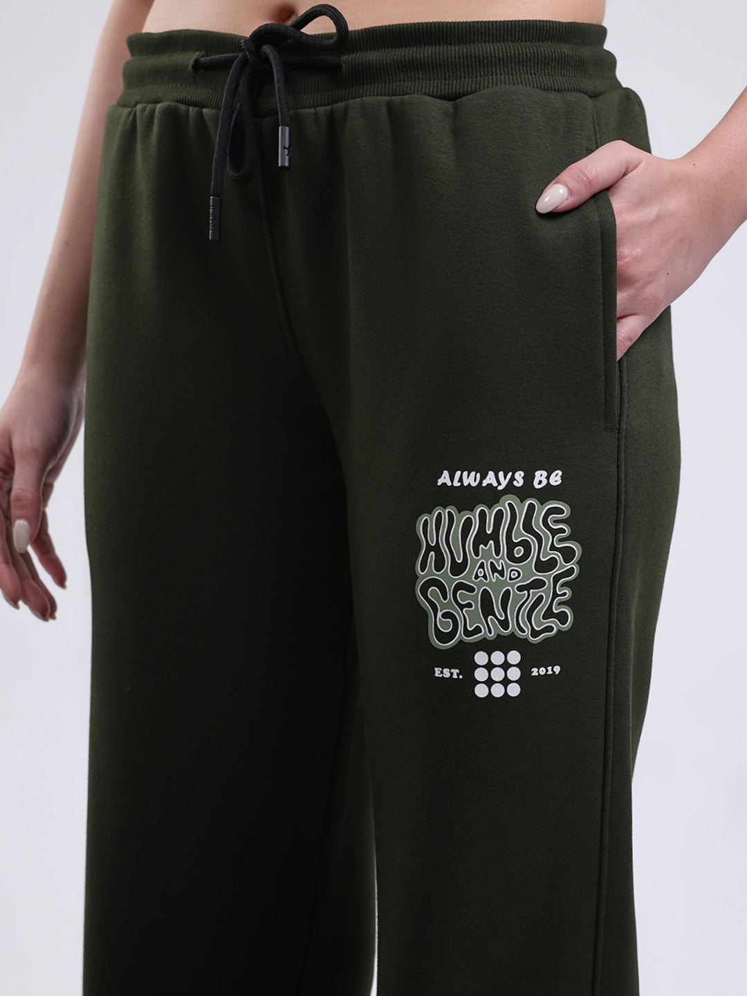Rock.it Women Dark Green Printed Round Neck Full Sleeve Winter Tracksuit