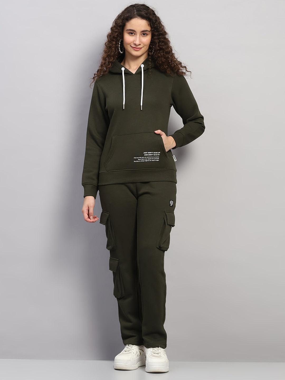 Rock.it Women Olive Solid Hooded Full Sleeve Winter Tracksuit