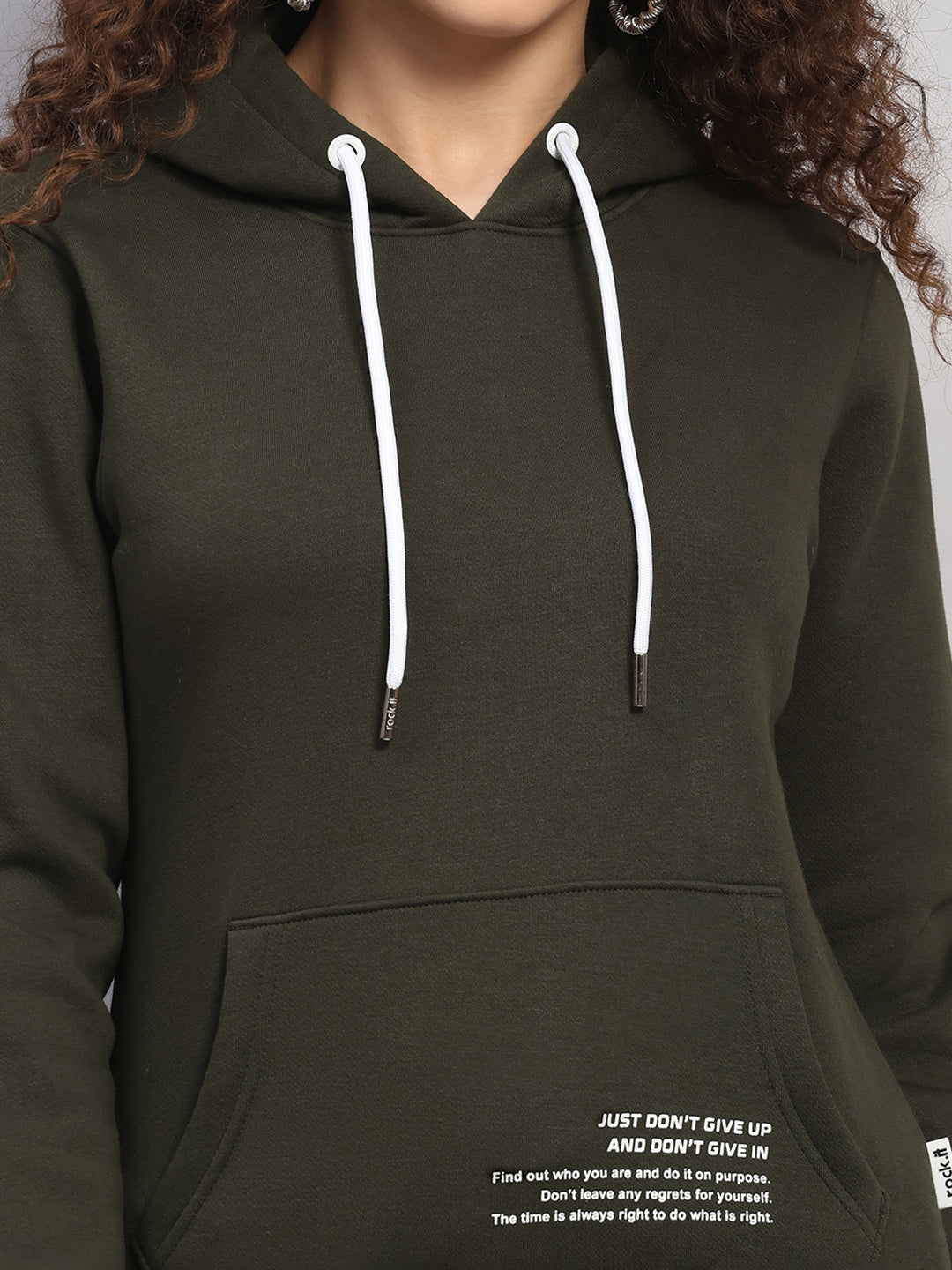 Rock.it Women Olive Solid Hooded Full Sleeve Winter Tracksuit