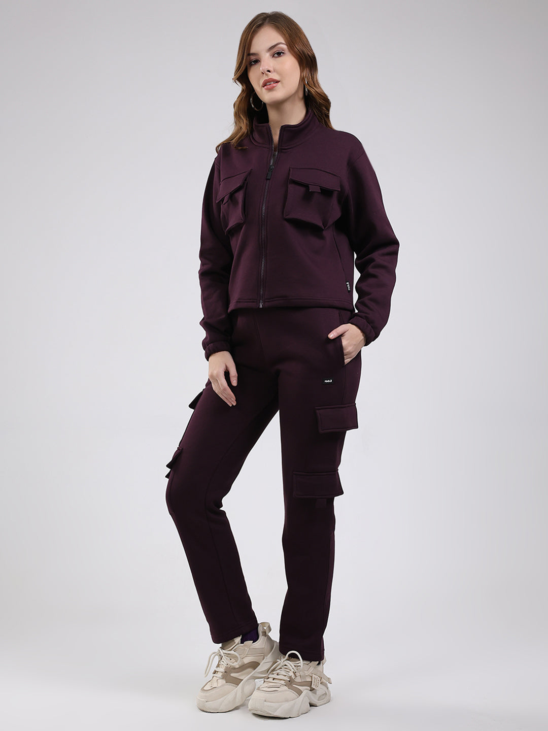 Rock.it Women Maroon Solid Mock Neck Full Sleeve Winter Tracksuit