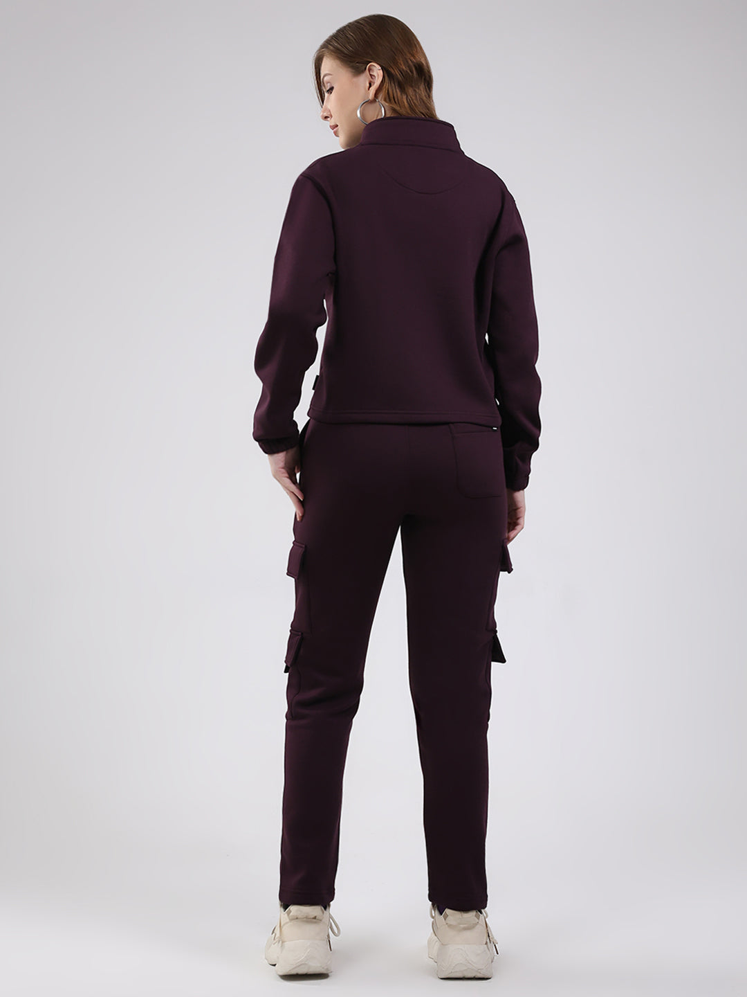 Rock.it Women Maroon Solid Mock Neck Full Sleeve Winter Tracksuit