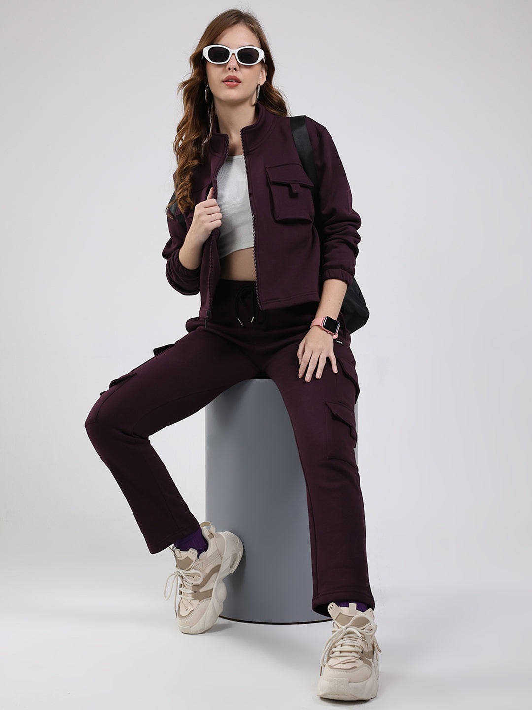 Rock.it Women Maroon Solid Mock Neck Full Sleeve Winter Tracksuit