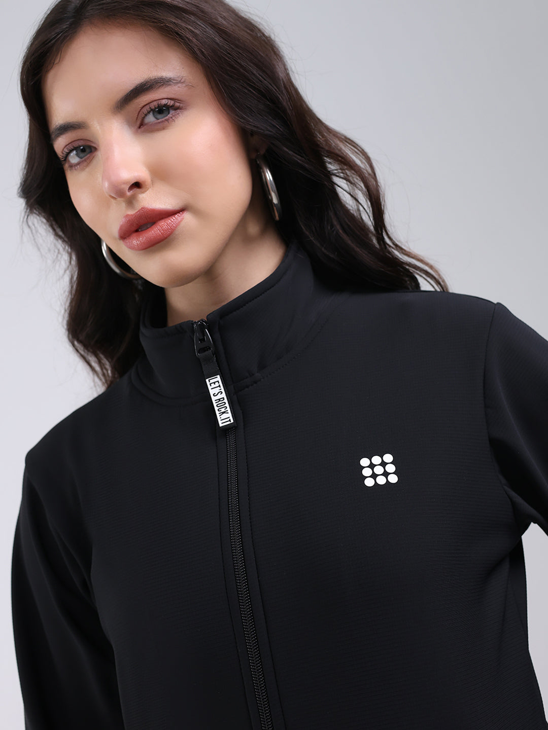 Rock.it Women Black Solid Collar Full Sleeve Winter Tracksuit