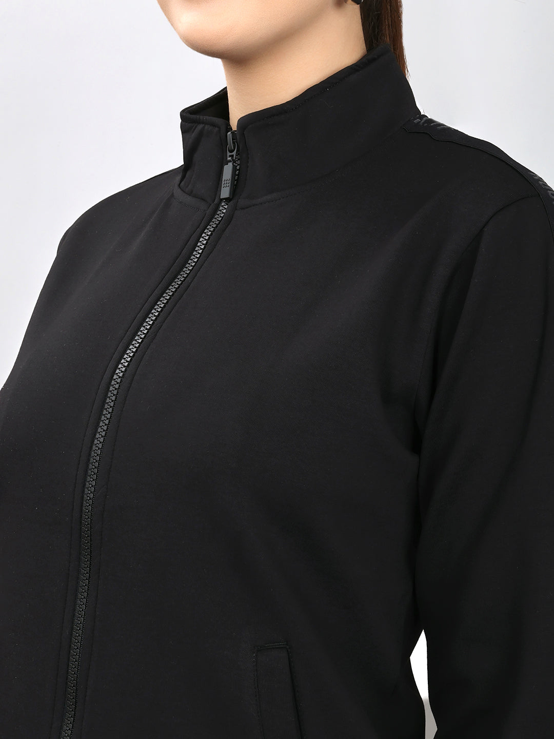 Rock.it Women Black Solid Collar Full Sleeve Winter Tracksuit
