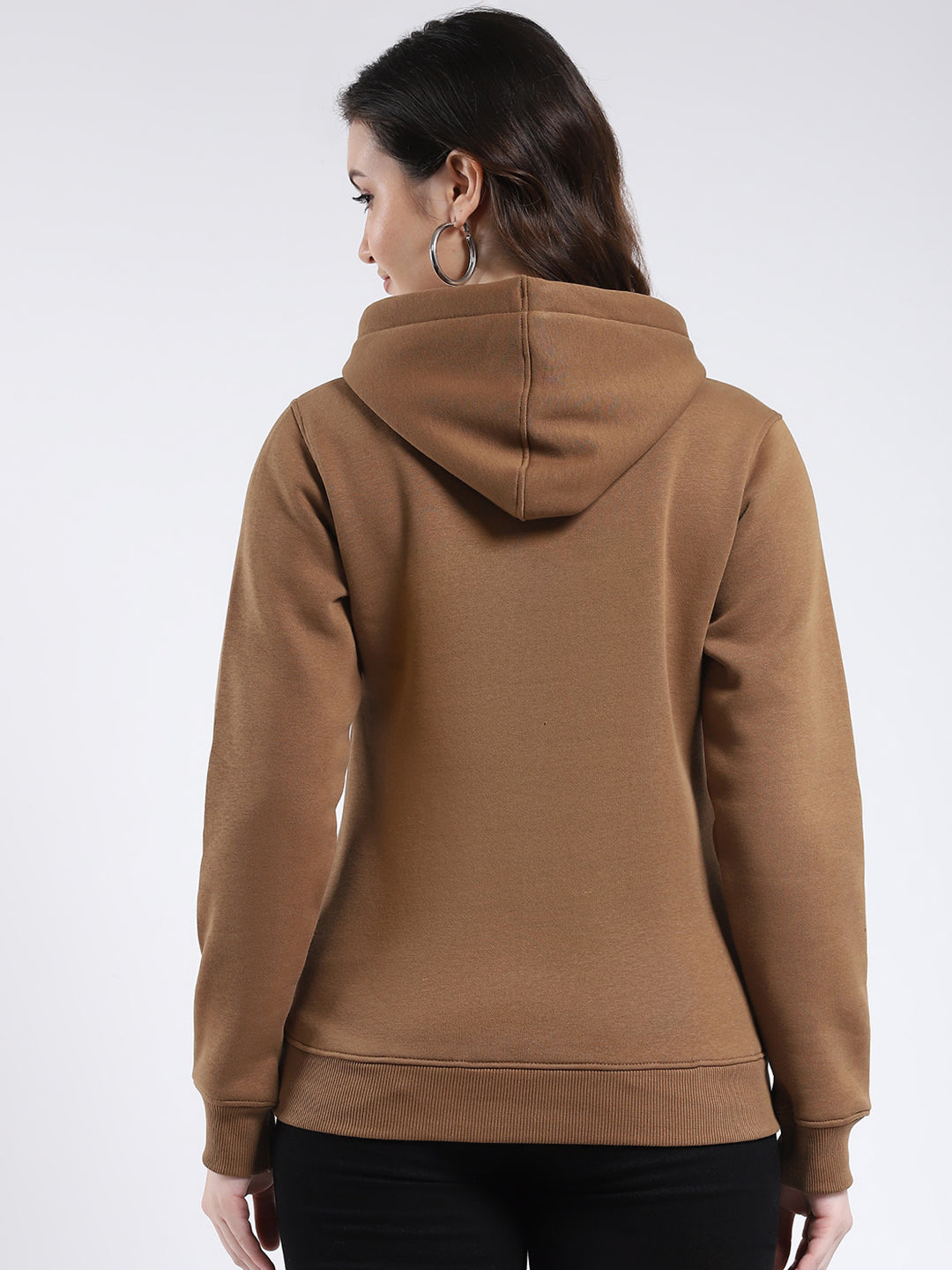 Rock.it Women Brown Solid Hooded Full Sleeve Sweatshirt