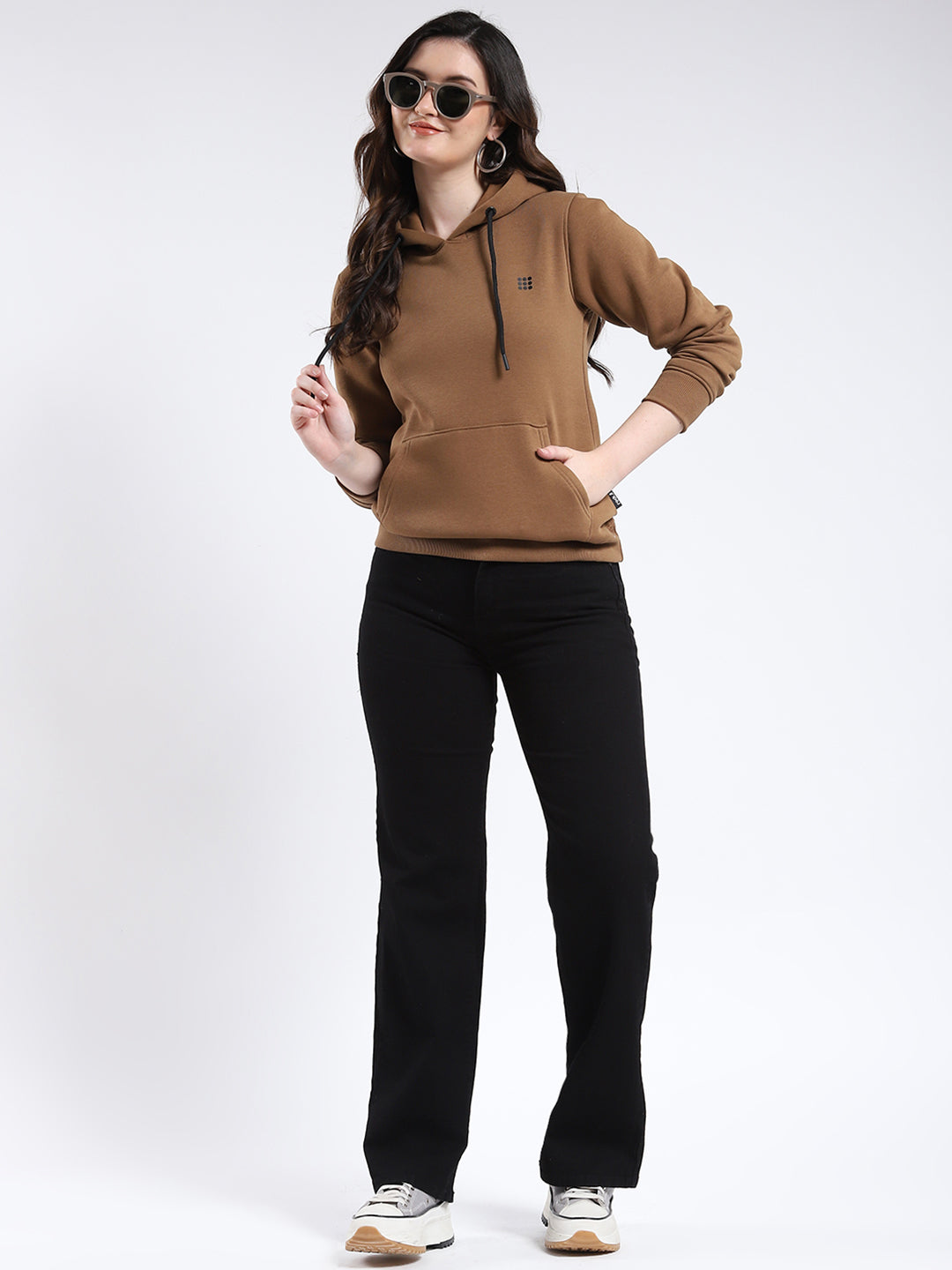Rock.it Women Brown Solid Hooded Full Sleeve Sweatshirt