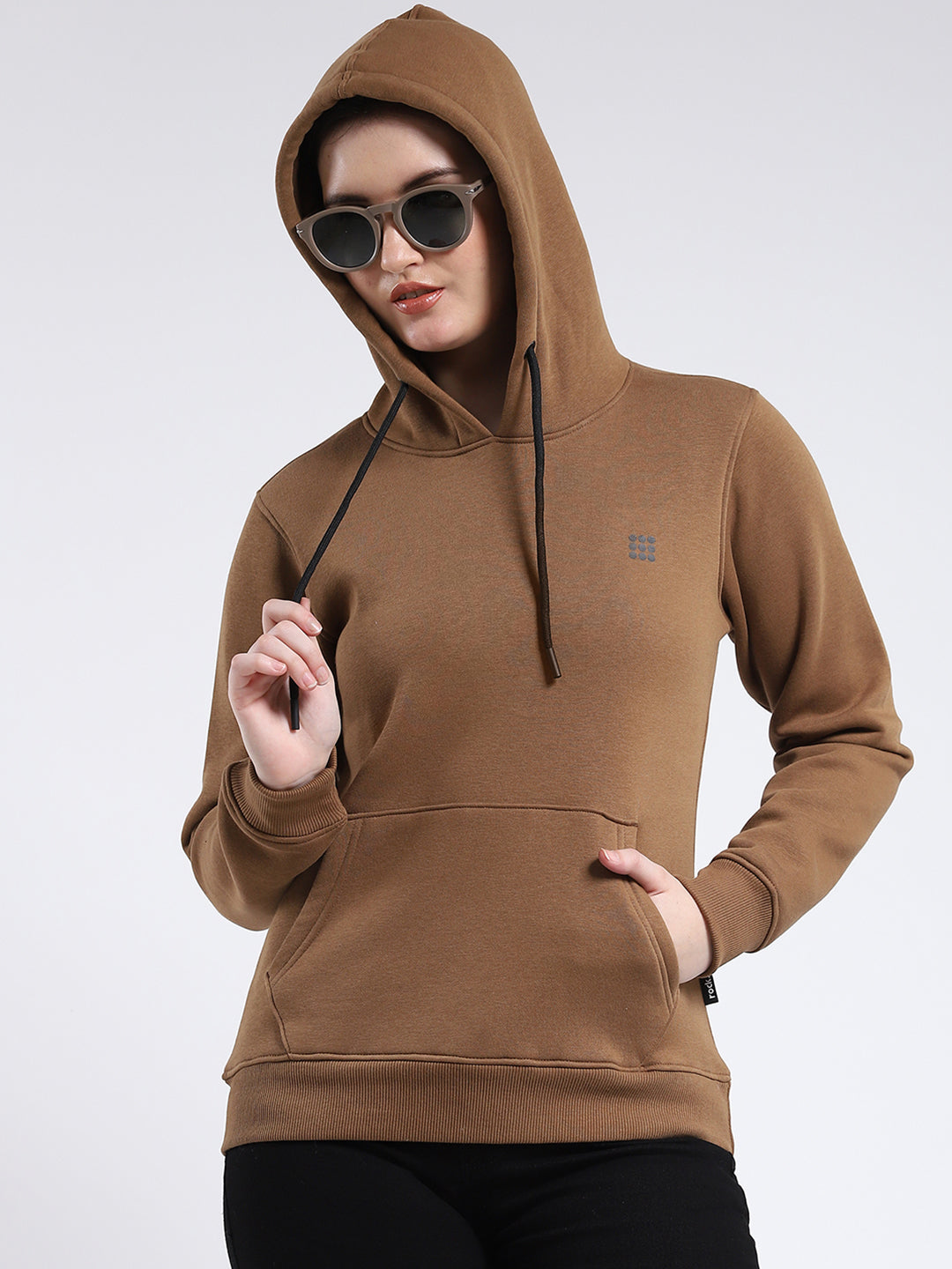Rock.it Women Brown Solid Hooded Full Sleeve Sweatshirt