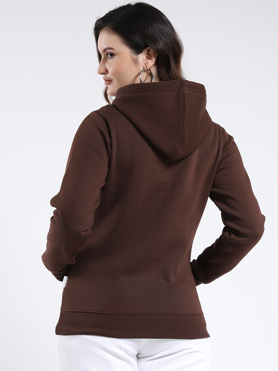 Rock.it Women Brown Solid Hooded Full Sleeve Sweatshirt