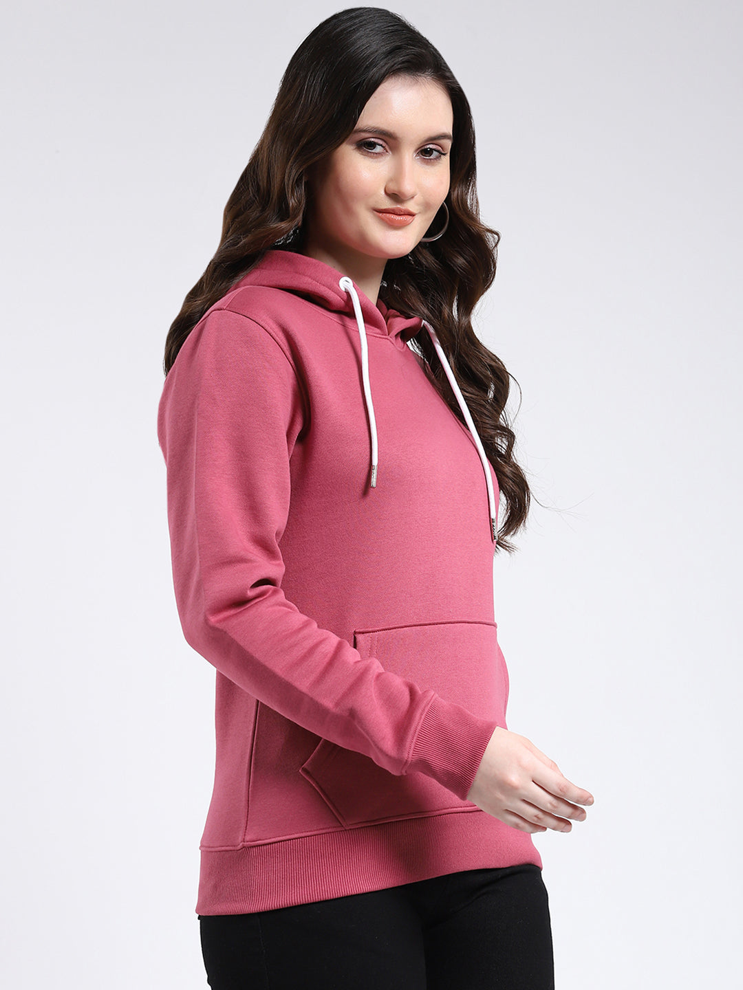 Rock.it Women Pink Solid Hooded Full Sleeve Sweatshirt