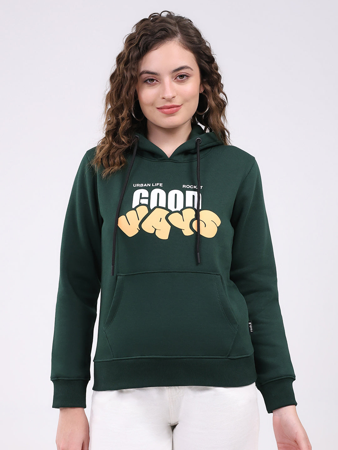 Rock.it Women Dark Green Printed Hooded Full Sleeve Sweatshirt