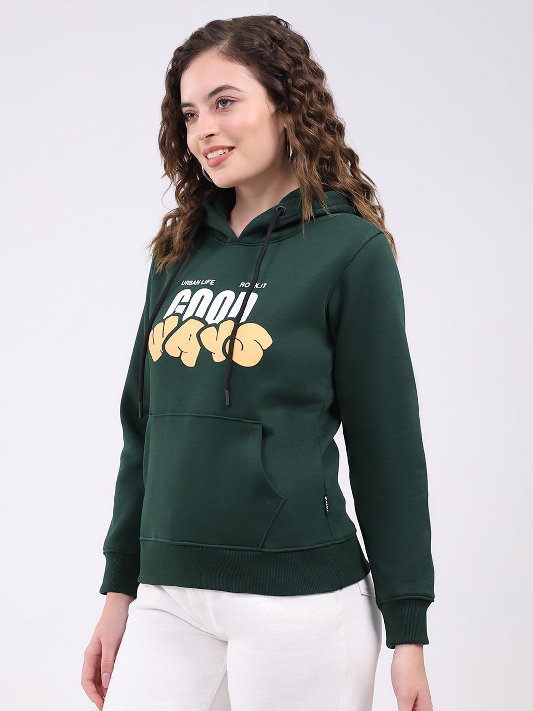 Women Dark Green Printed Hooded Full Sleeve Sweatshirt
