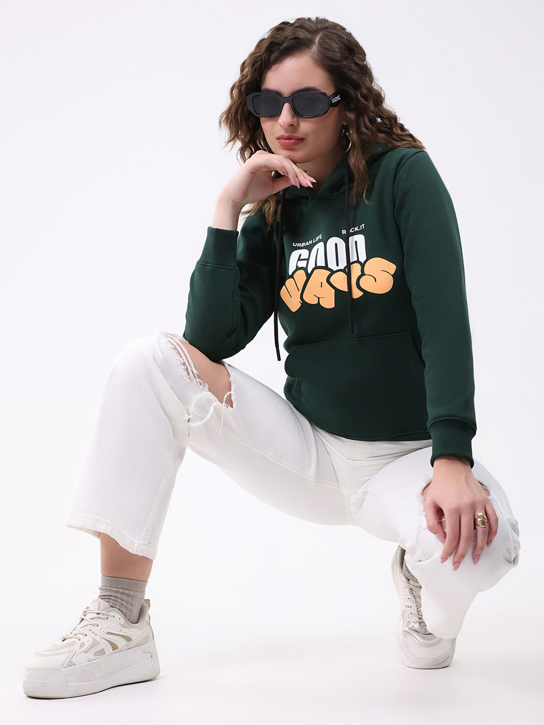 Rock.it Women Dark Green Printed Hooded Full Sleeve Sweatshirt