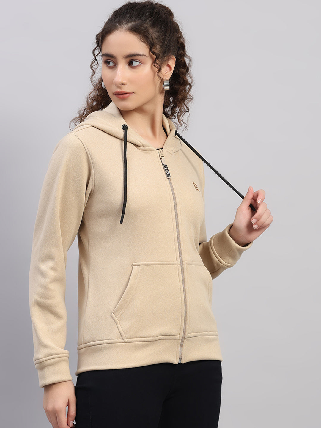 Rock.it Women Cream Solid Hooded Full Sleeve Sweatshirt