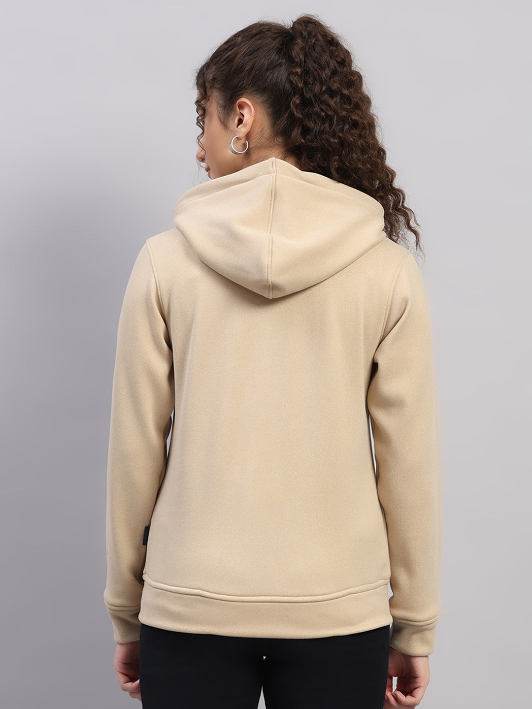 Rock.it Women Cream Solid Hooded Full Sleeve Sweatshirt