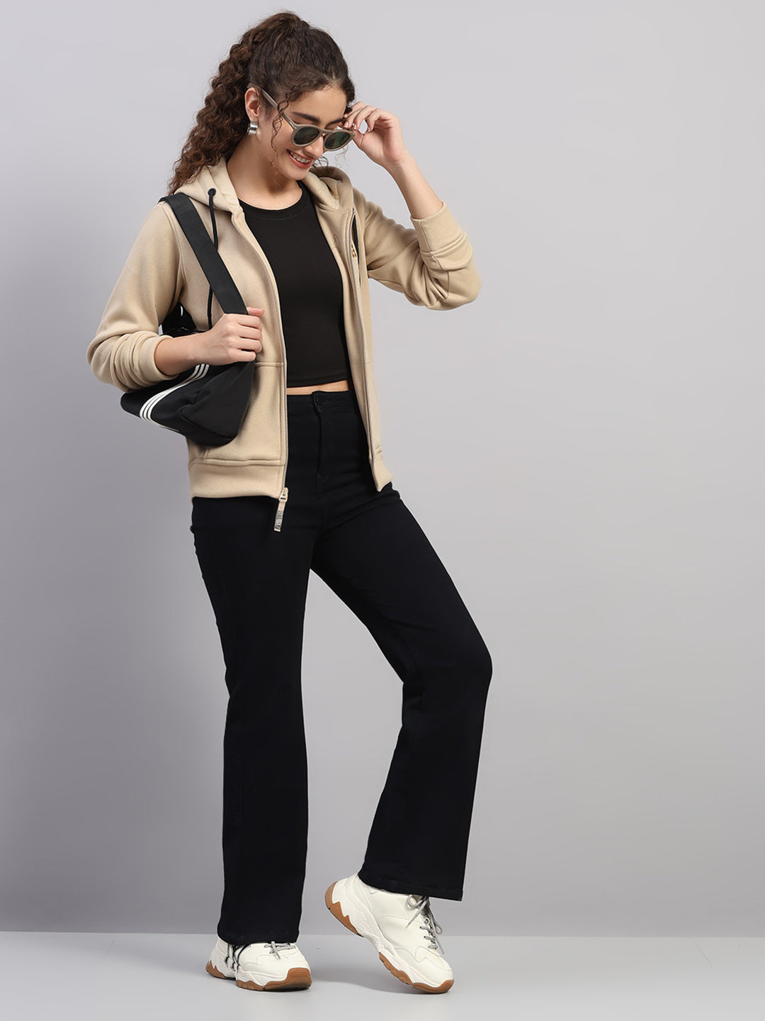 Rock.it Women Cream Solid Hooded Full Sleeve Sweatshirt