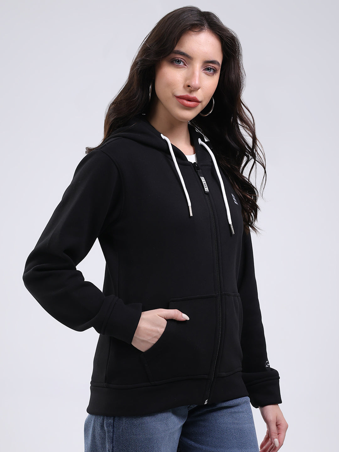 Rock.it Women Black Solid Hooded Full Sleeve Sweatshirt