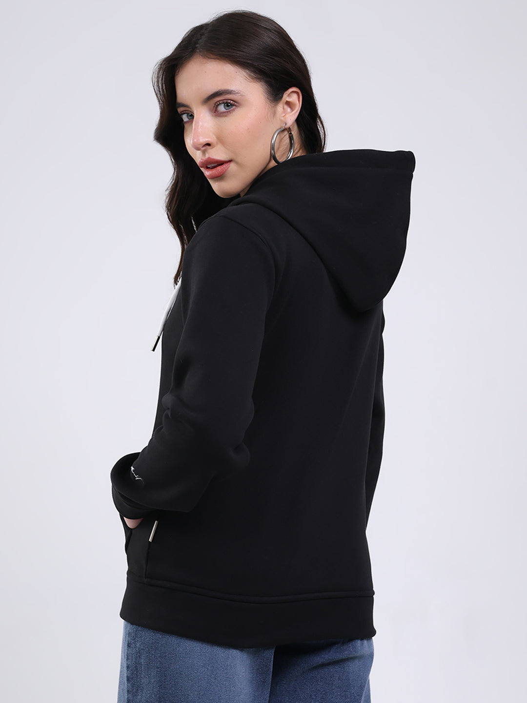 Rock.it Women Black Solid Hooded Full Sleeve Sweatshirt