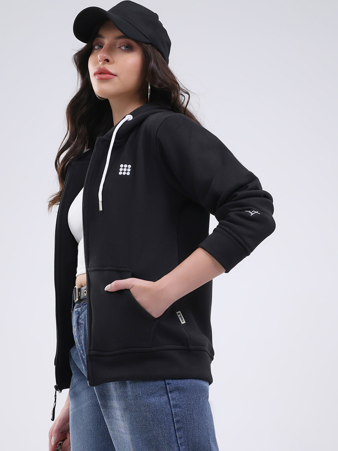 Rock.it Women Black Solid Hooded Full Sleeve Sweatshirt