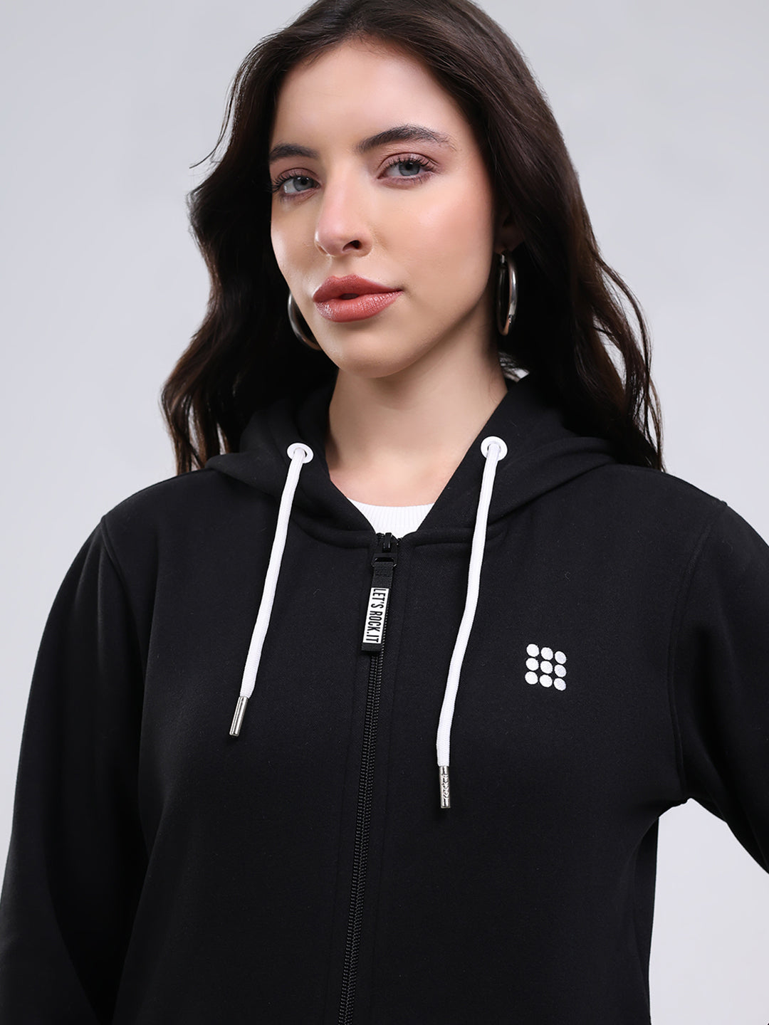 Rock.it Women Black Solid Hooded Full Sleeve Sweatshirt