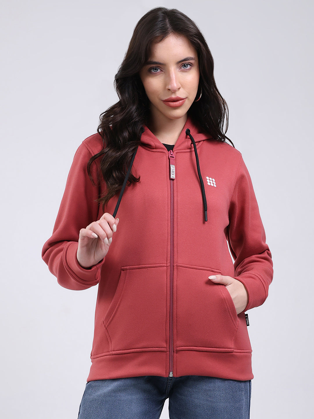 Rock.it Women Mauve Solid Hooded Full Sleeve Sweatshirt