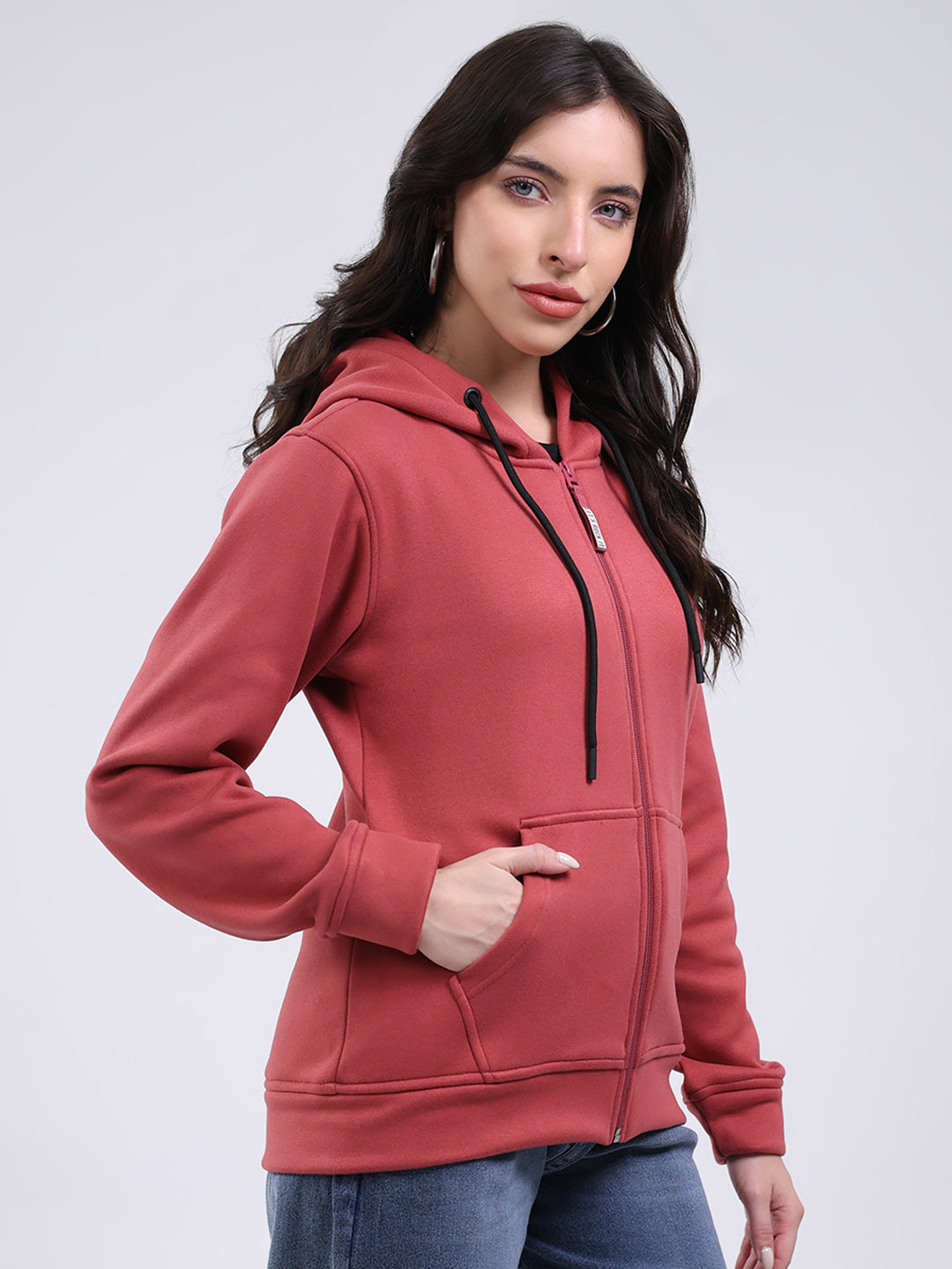 Rock.it Women Mauve Solid Hooded Full Sleeve Sweatshirt
