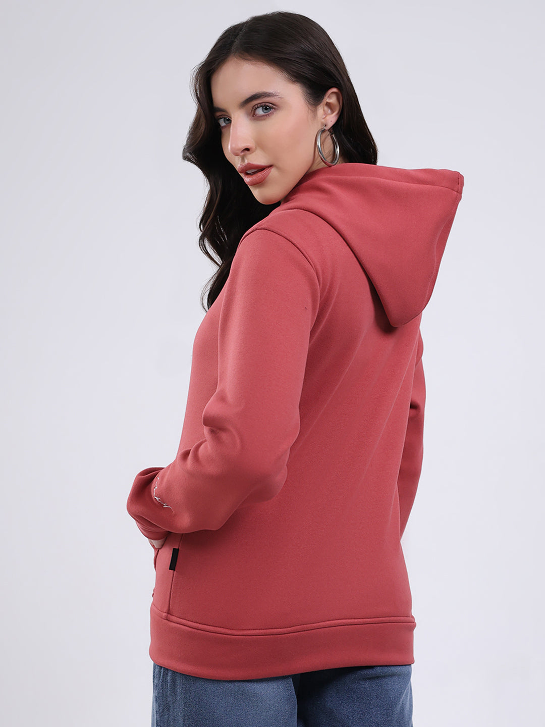 Rock.it Women Mauve Solid Hooded Full Sleeve Sweatshirt