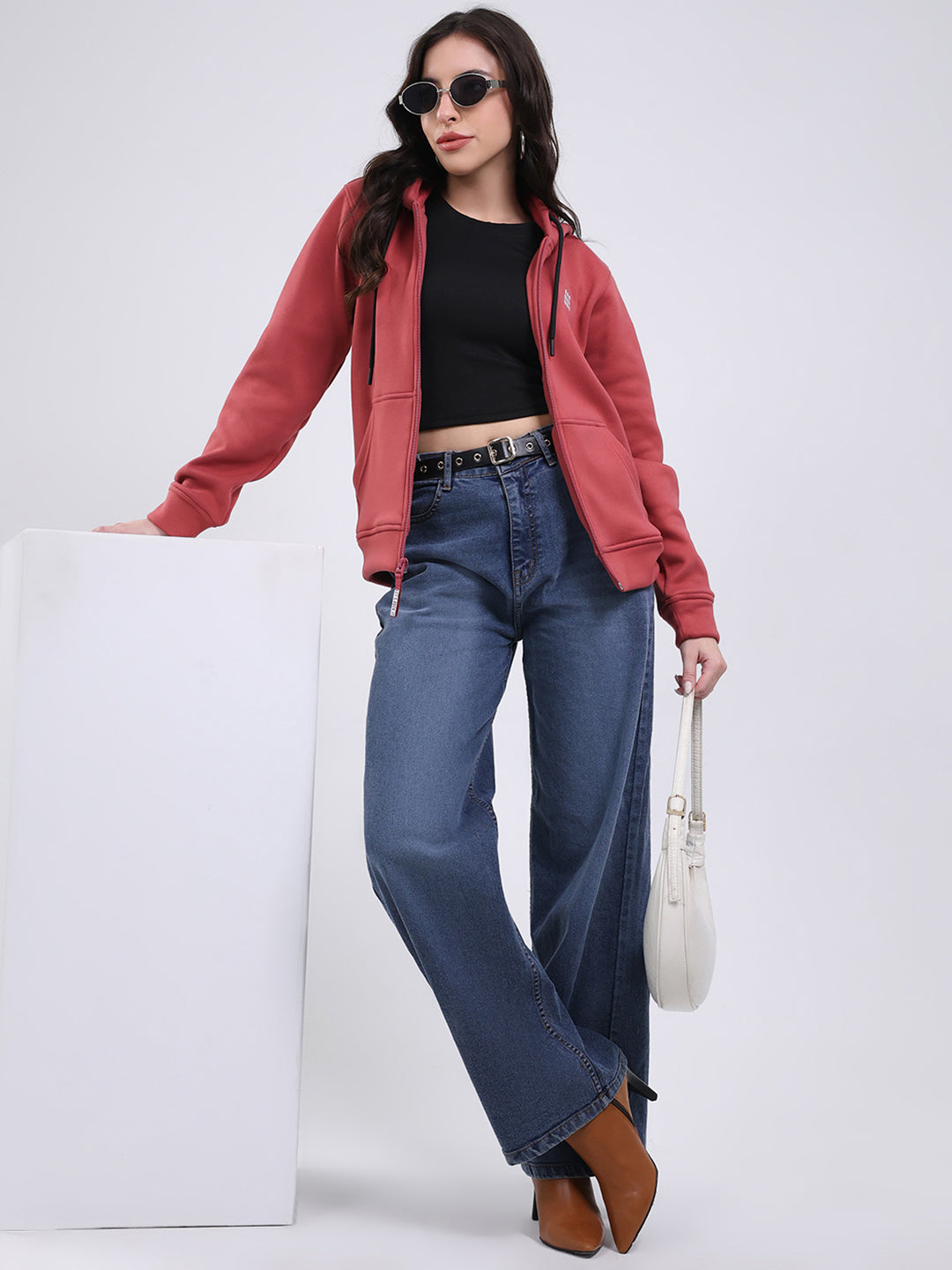 Rock.it Women Mauve Solid Hooded Full Sleeve Sweatshirt