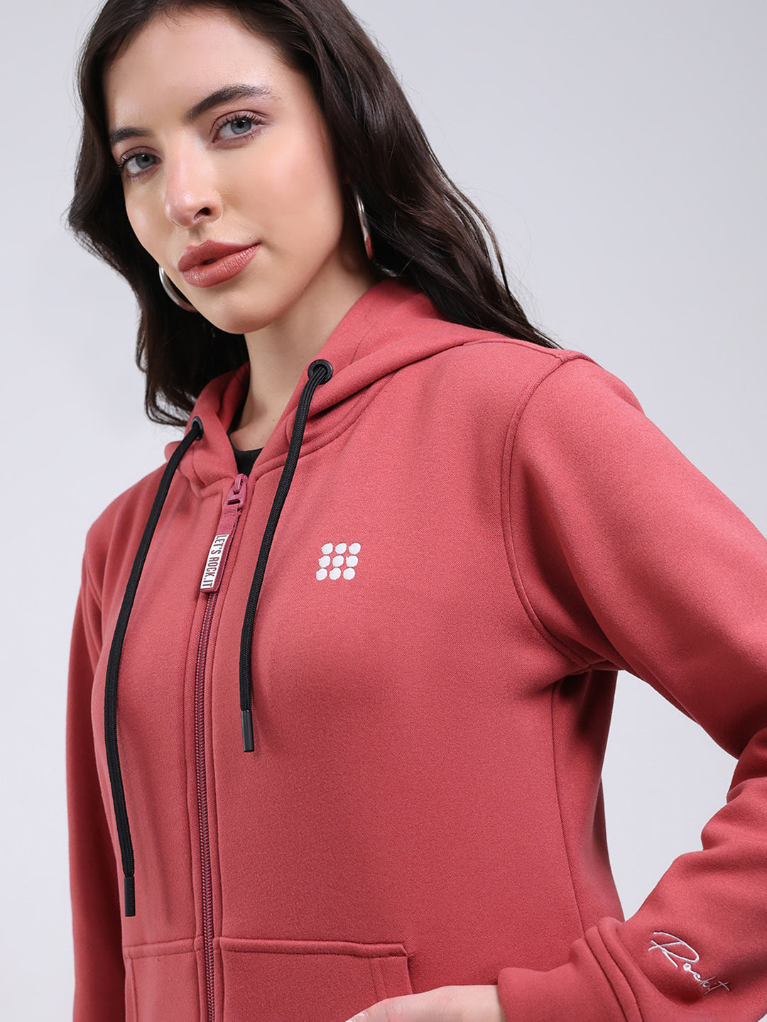 Rock.it Women Mauve Solid Hooded Full Sleeve Sweatshirt