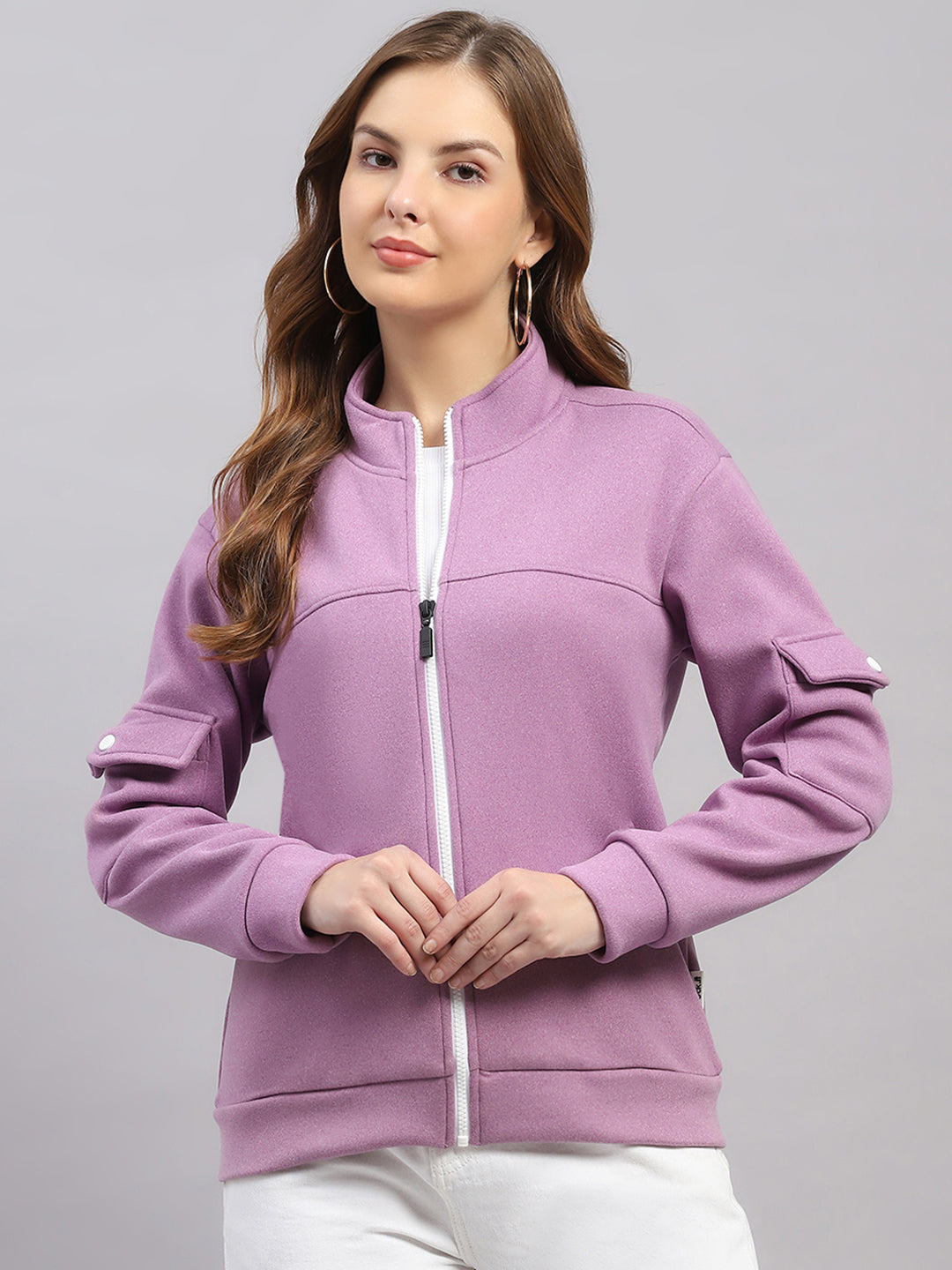 Rock.it Women Purple Solid Stand Collar Full Sleeve Sweatshirt
