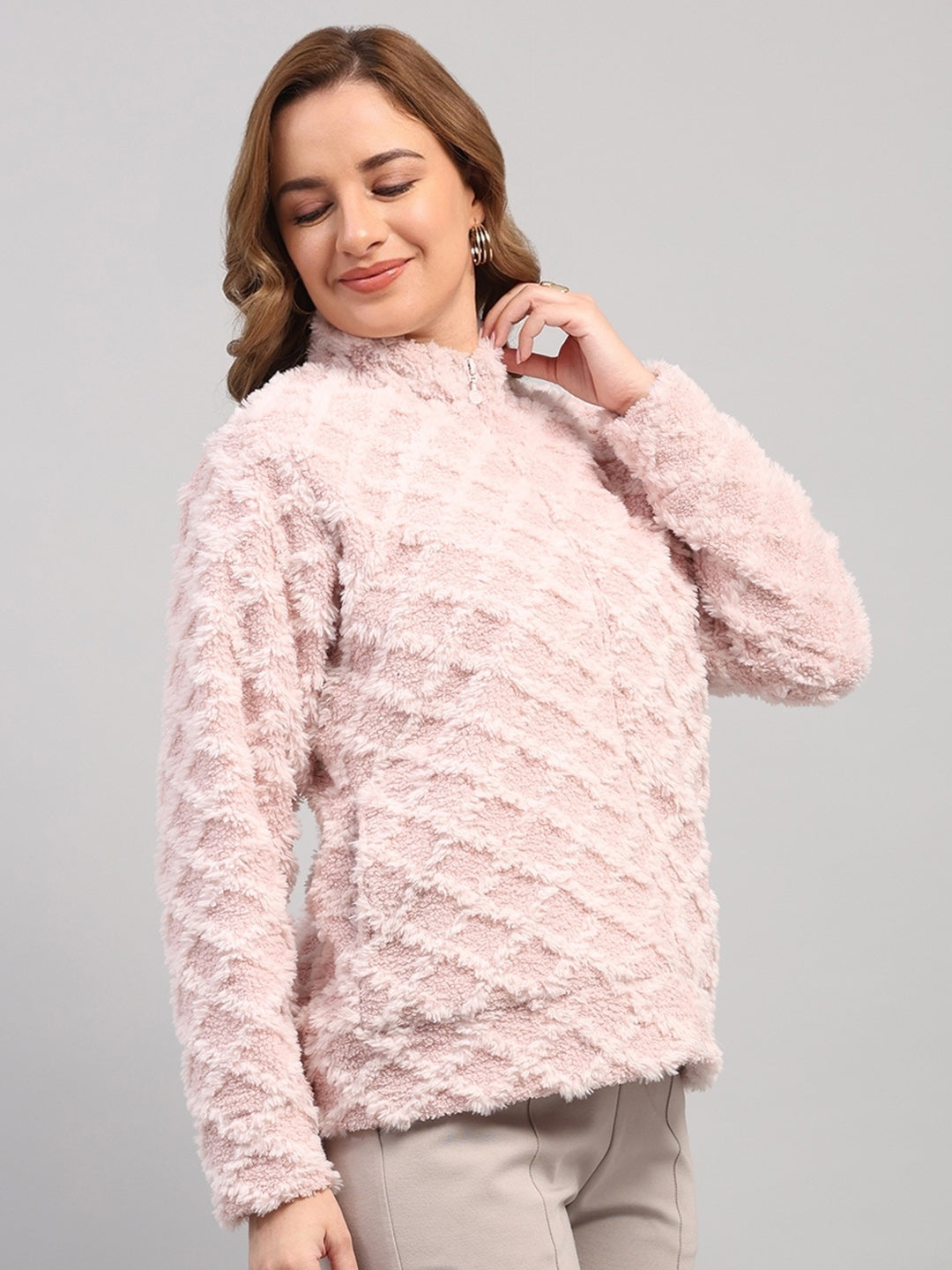 Rock.it Women Peach Self Design Round Neck Full Sleeve Knitted Jacket