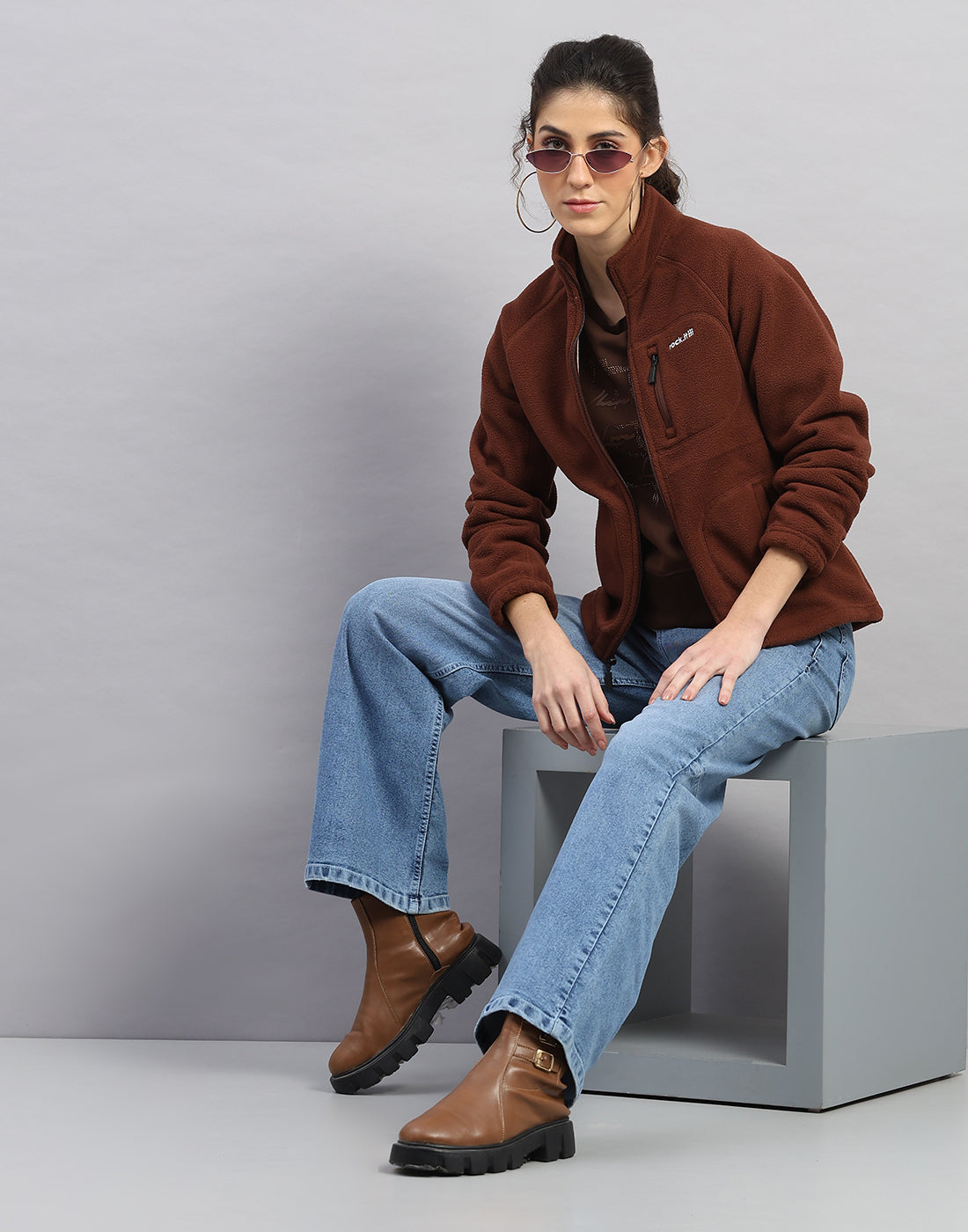 Rock.it Women Brown Solid Turtle Neck Full Sleeve Sweatshirt