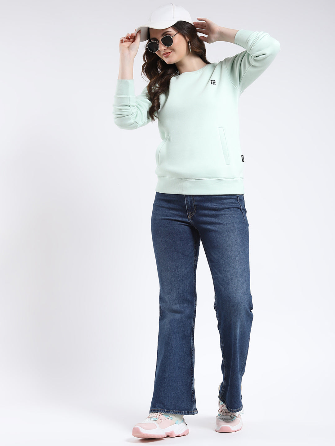 Rock.it Women Green Solid Round Neck Full Sleeve Sweatshirt